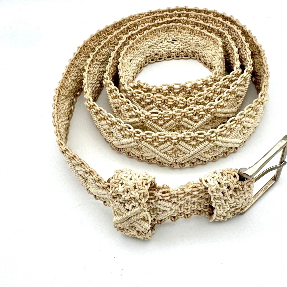 Vintage Beige Macrame Woven Belt Diamond Pattern‎ Boho Silver Buckle 55 Inch